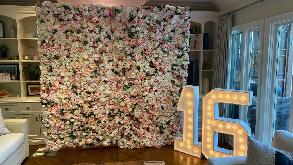 Muskoka marquee numbers with a flower wall