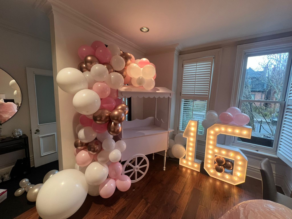 Candy cart, port stanley marquee numbers and balloons for a birthday celebrations
